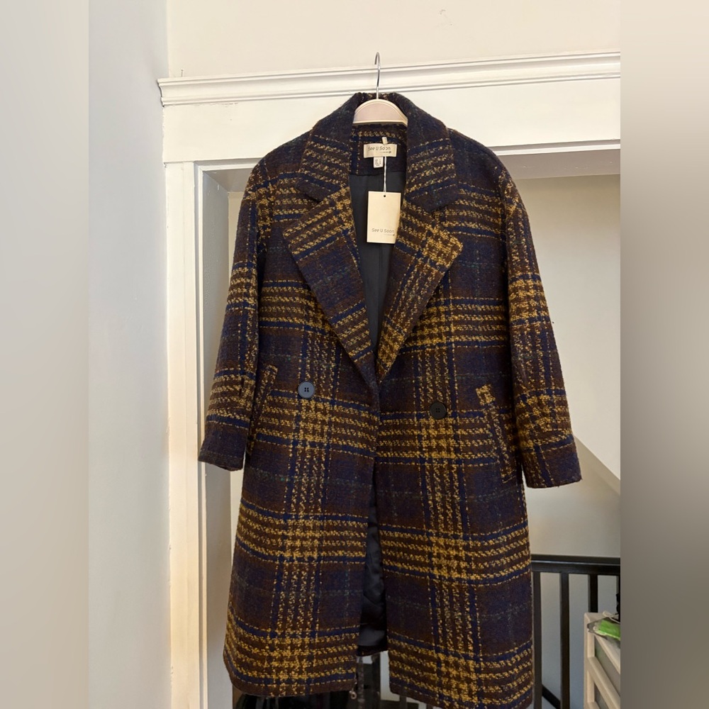 Stylish Plaid Double-Breasted Pea Coat